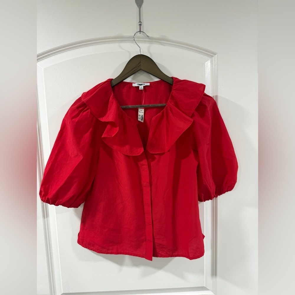 Madewell Ruffled Y-Neck Cotton-Silk Top Festival Red XS Puff Sleeve NWT - Picture 3 of 11